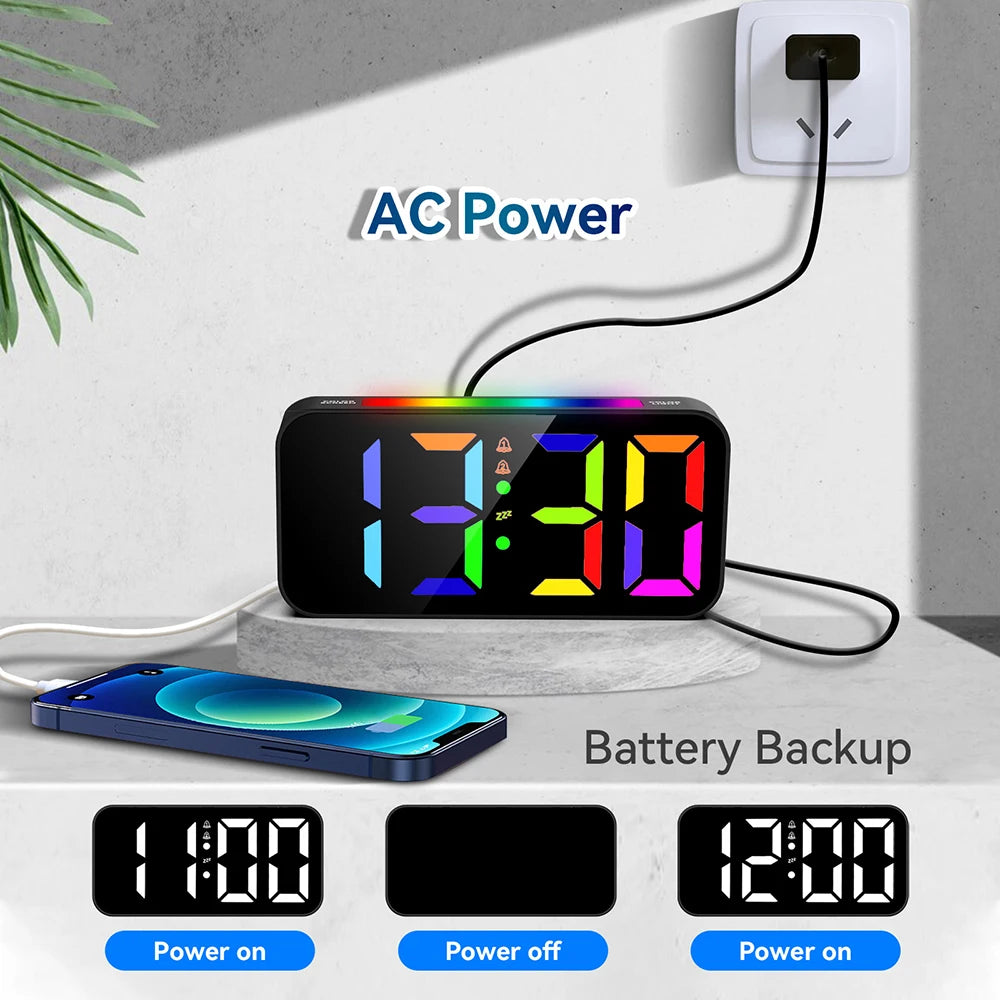 RGB Luminous Electronic LED Alarm Clock Digital RGB Colorful Light Large Sound Alarm Clock
