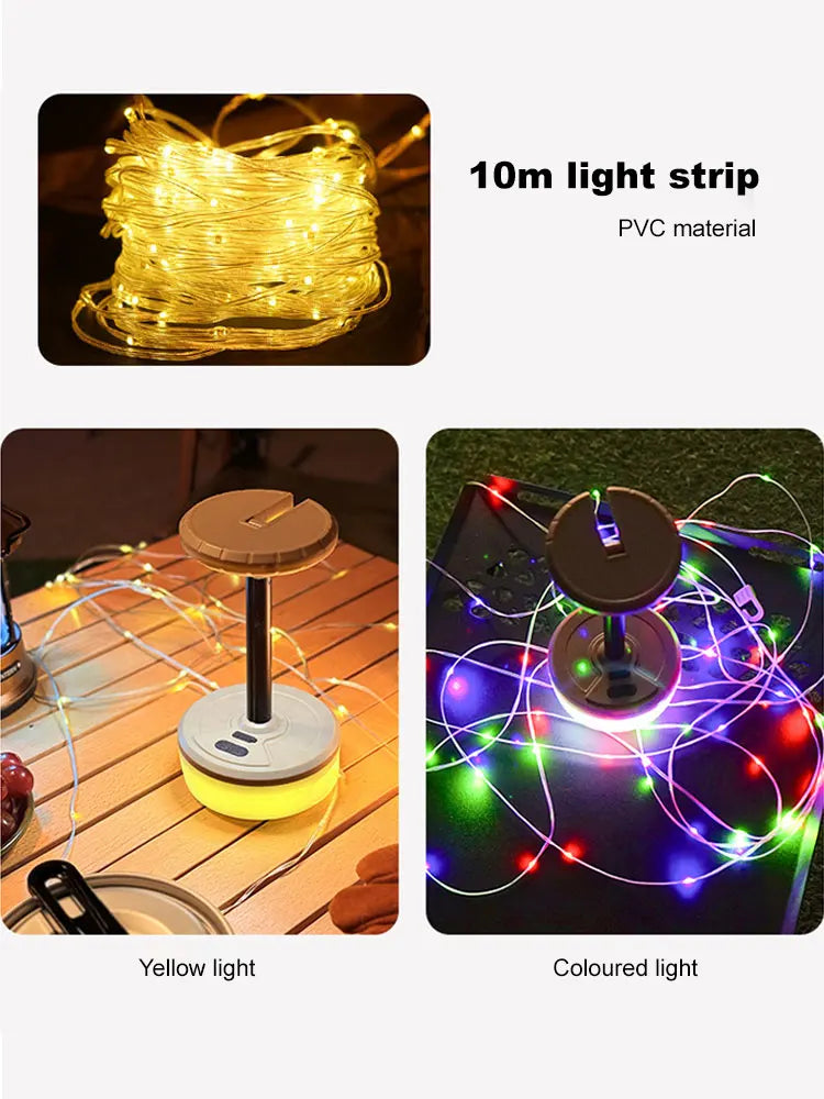 4 in 1 Highly Retractable Camping Lamp Bulit-in 10M Strip LED Atmosphere Waterproof Recyclable Light Belt Outdoor Garden Decoration Lamp for Tent Room
