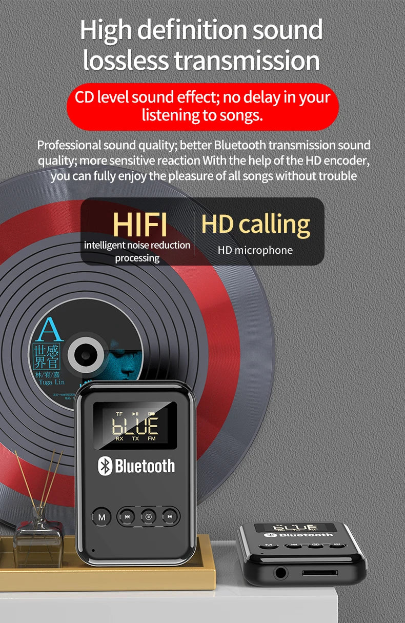 LED Bluetooth 5.0 Adapter Transmitter Receiver Wireless Audio For Car Music Headphone Speaker 300mA Battery Support TF Card FM