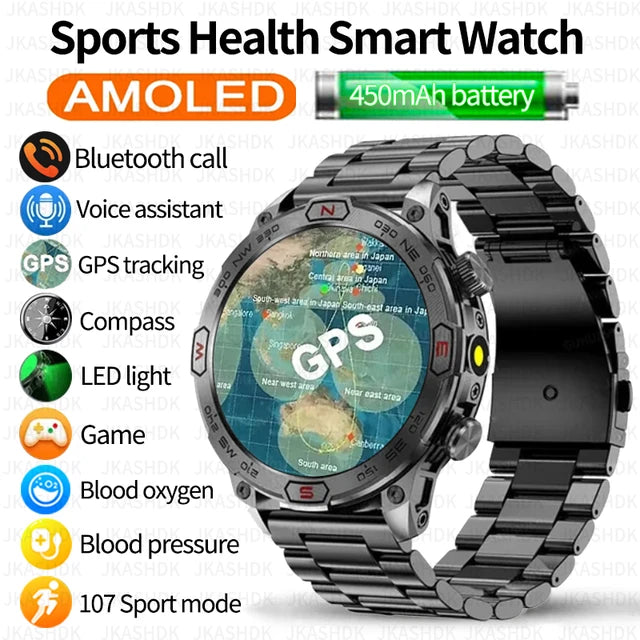 New Health Sports GPS Monitoring Zinc Alloy Smart Watch Men's AI Voice Assistant AMOLED Screen IP68 Waterproof Bluetooth Call Smart Watch