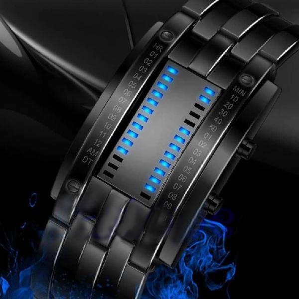 Men Binary Stainless Steel Date Digital LED Electronic Display Sport Watch Black & Blue Light