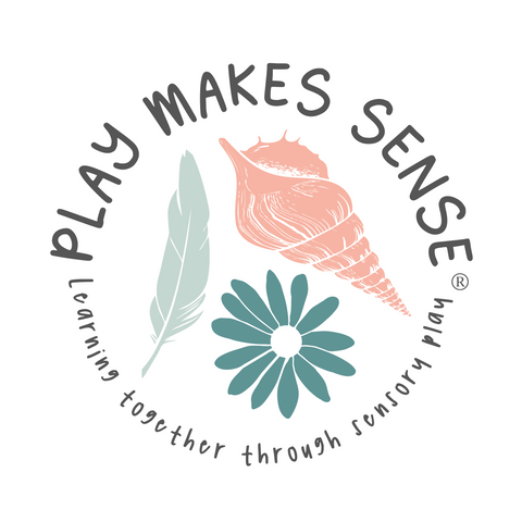 Play Makes Sense Logo. Image of a shell, a flower and a feather. The text at the bottom reads Learning together through sensory play.