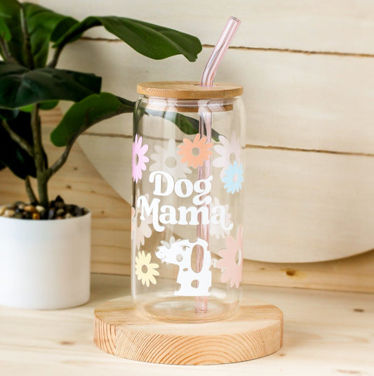 Dog MOM or Dog DAD 16oz Clear Glass Cup with Bamboo Lid, Jar Can with –  Briggs 'n' Wiggles