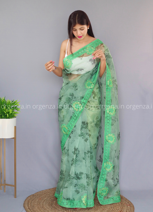 Sea Green Organza Handloom Banarasi Saree - Sacred Weaves