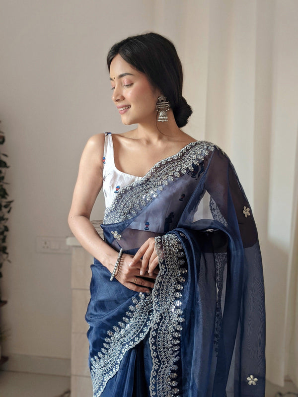 Navy Blue Color Silver Work Stylish Saree – vastracloth