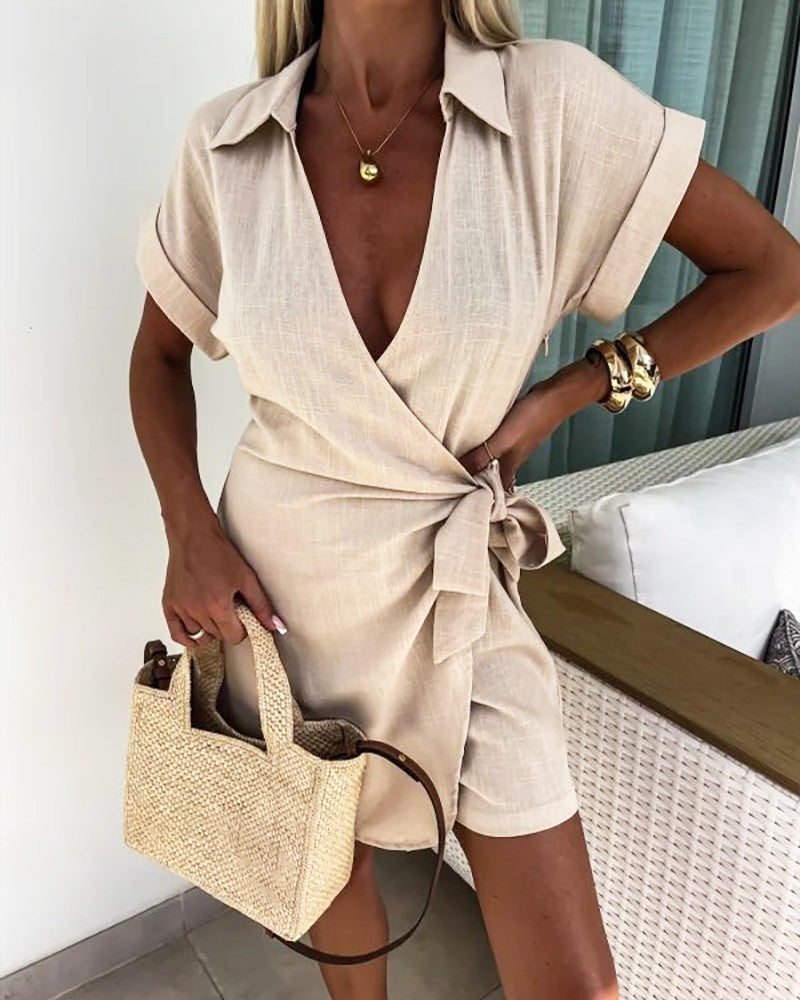 Tied Detail Ruched Turn down Collar Overlap Romper