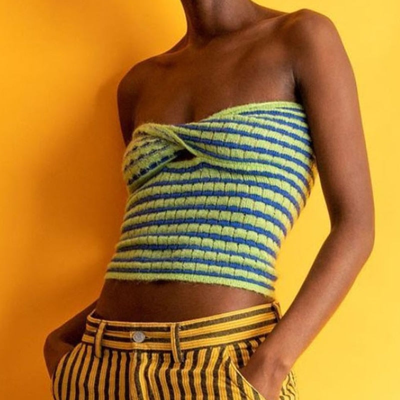 strapless knitted striped twisted crop top