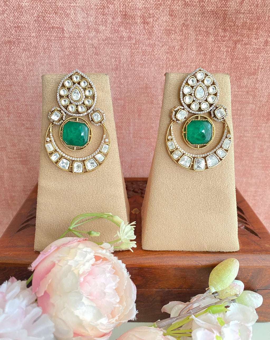 Women Emerald Green Gold Polish Diamond Tops Earrings