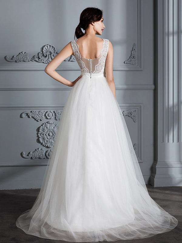 A-Line/Princess Sleeveless V-neck Sweep/Brush Train Tulle Wedding Dresses LAS2023390