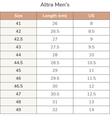 size chart Altra Men's