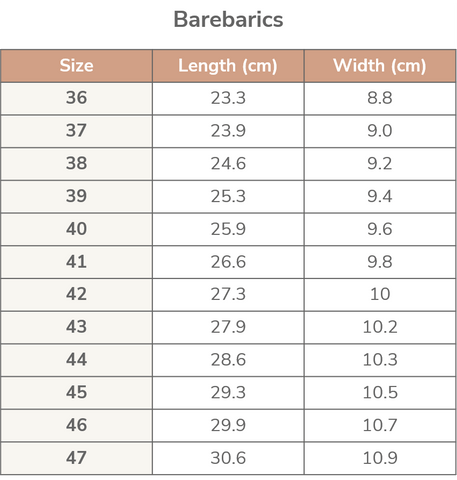 Size Charts – Barefoot Shoes Australia