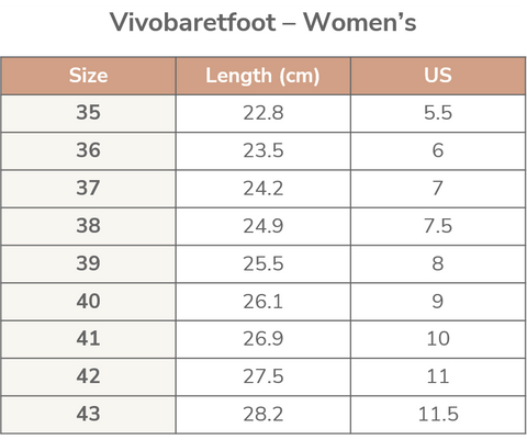 Size Charts – Barefoot Shoes Australia