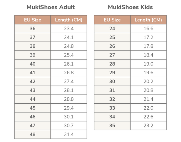 MukiShoes Size Charts