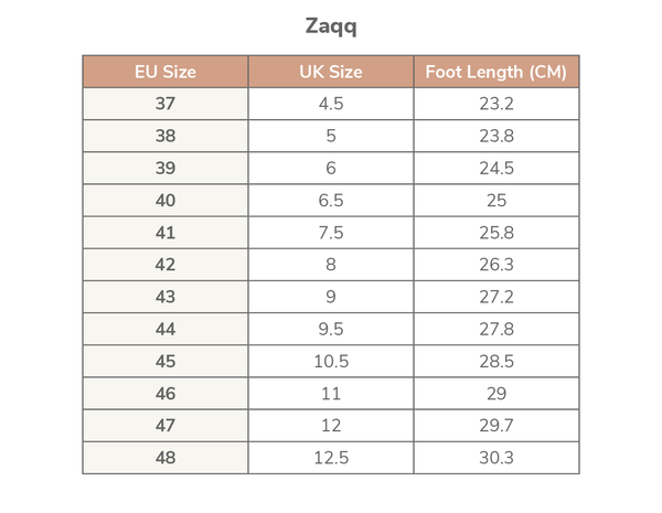 Zaqq Size Chart