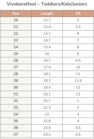 Size Charts – Barefoot Shoes Australia