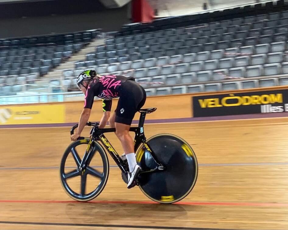 Shannon Cycling round a track preparing for the Olympics