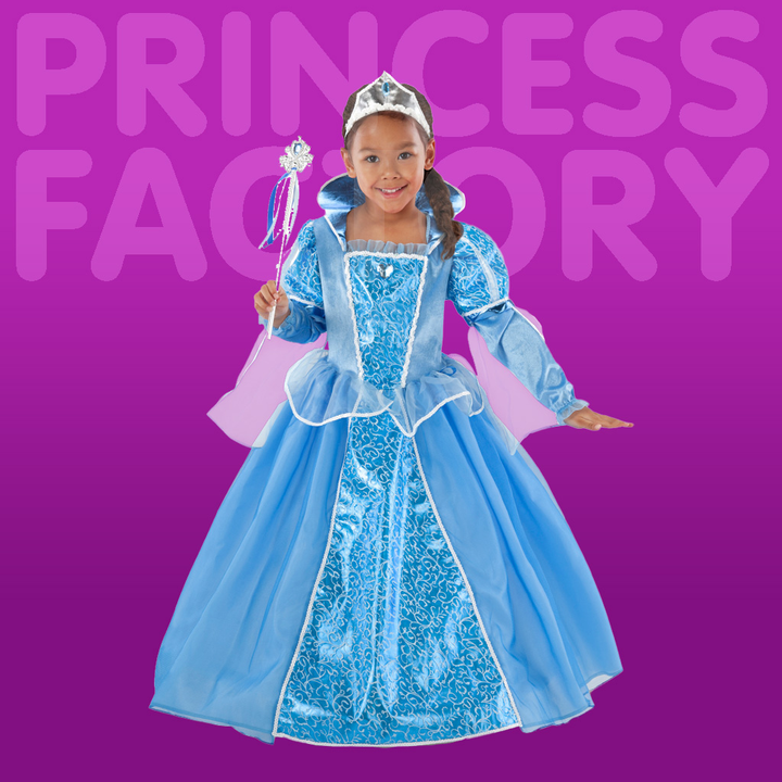 Image of four Teetot Princess Factory costumes for girls - an Ice Princess, a Pink Fairy, a Mermaid, and a Pirate Queen, against a candy purple background.