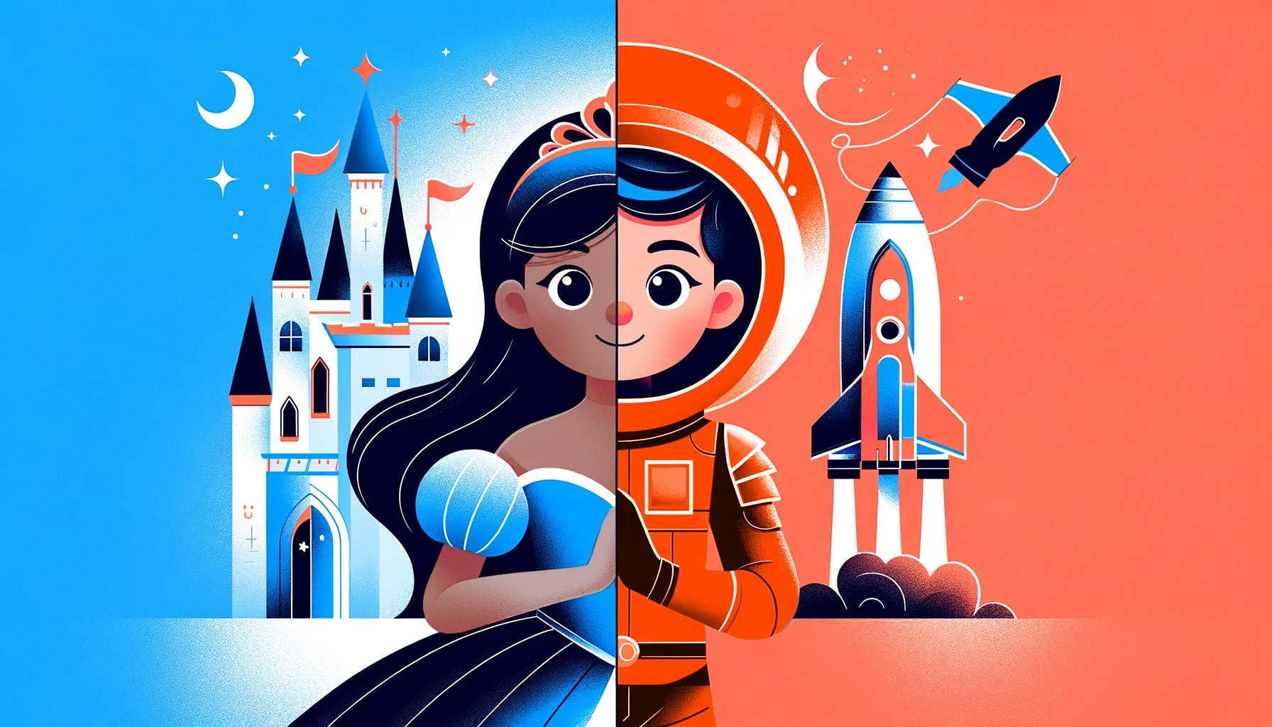 Imagination and Growth - Illustration of Girl in Princess Outfit and Boy in Astronaut Outfit