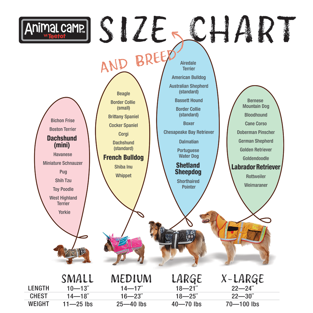 Specifications:  Costumes available in dog sizes S (11-25 lbs), M (25-40 lbs), L (40-70 lbs), XL (70-100 lbs) Easy to put on your pup. Easy for your pup to wear Cotton, polyester and/or nylon fabrics Meets all applicable child toy safety regulations and standards  Shipping weight: approx. 1.0 lbs (0.45 kg) Made in China For customer service, please call Teetot at 1(800) 4-TEETOT, or we would welcome your email to: service@teetot.com  Required warnings:  Warning! Choking Hazard. Small Parts. Not for Children under 3 years