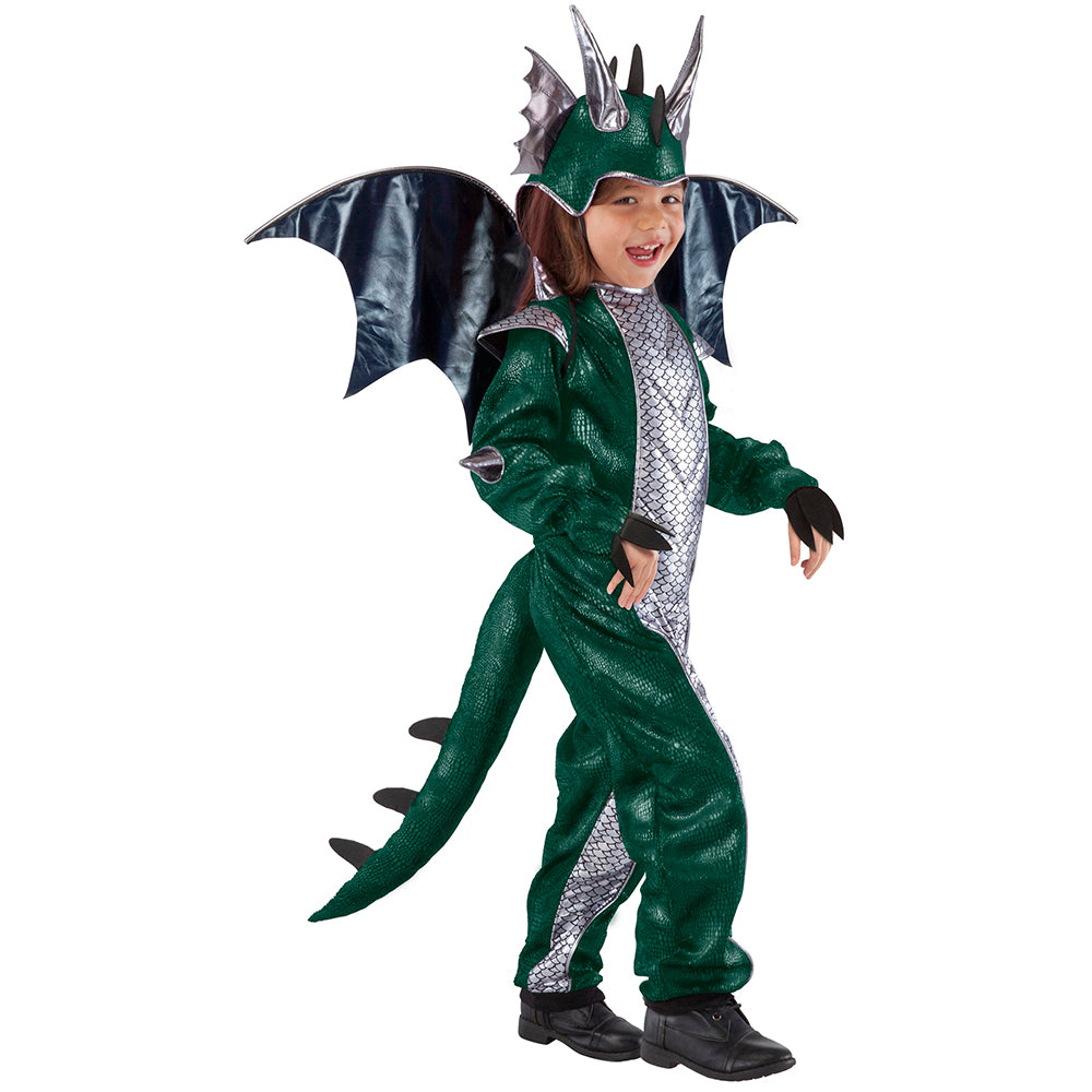 Child wearing Teetot brand kid's costume of a Green Dragon with wings, tail, silver belly scales and headpiece with silver horns. 