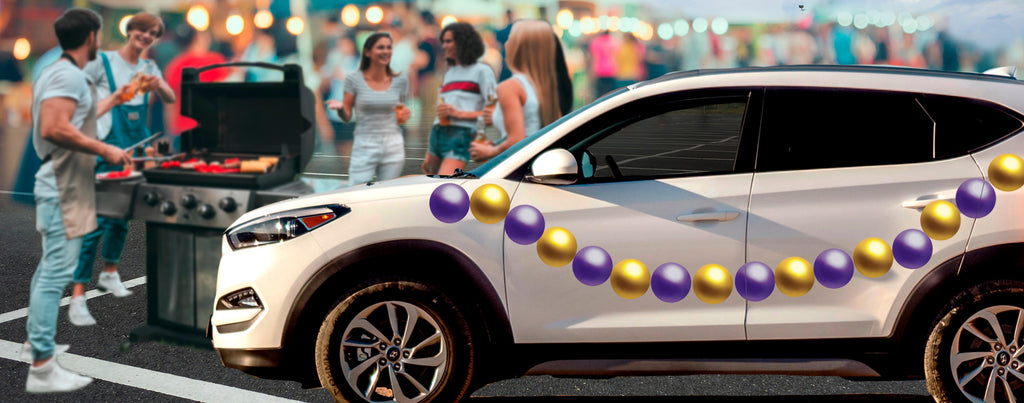 Tailgating car with purple and gold bead decals