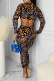 Fashion Casual Print Backless Half A Turtleneck Long Sleeve Two Pieces