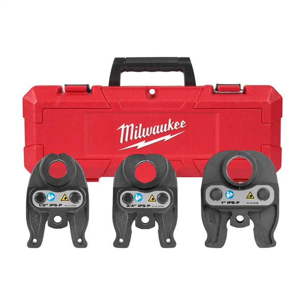 Milwaukee M12 Press Jaw Kit in a red hardshell case, including multiple jaw sizes for versatile plumbing applications, presented with clear labels