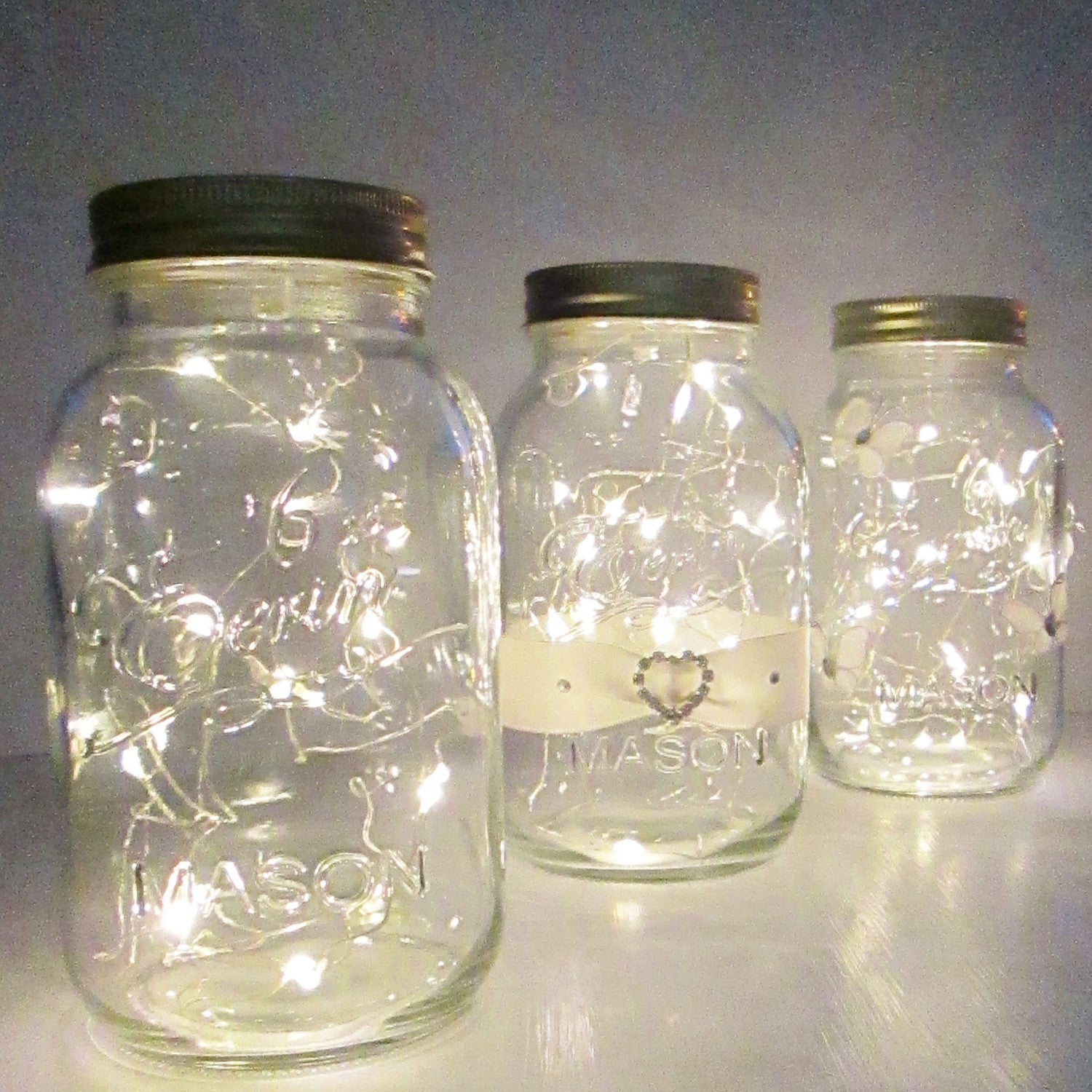 Mason Jar Firefly Lamp Ribbon Diamante Decorated