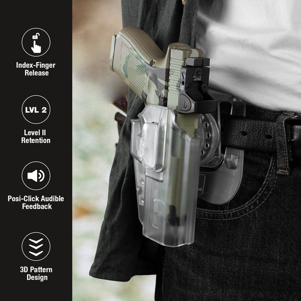 Frosted Clear Universal OWB Level II Holster Fits More Than 100+ Pistol, Index Finger Release System, Right Hand | Gun & Flower