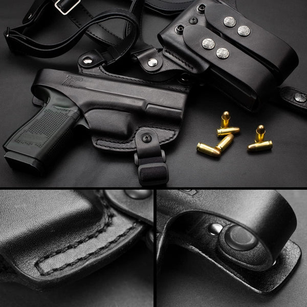 Handmade Glock 19 Shoulder Holster, Thumb Break Full Grain Leather Shoulder Holster for Glock 19, 19x, 23, 32, 45, Double Mag Holder Included, Adjustable Strap for Concealed Carry, Right Handed