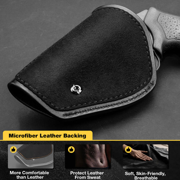 Handmade Full Grain Leather Holster, Fits Most J Frame Revolvers & Most .38 Special Revolvers Ruger LCR,S&W 442/642, Taurus, Charter, Microfiber Leather Backing for Comfort Inside Waistband Carry