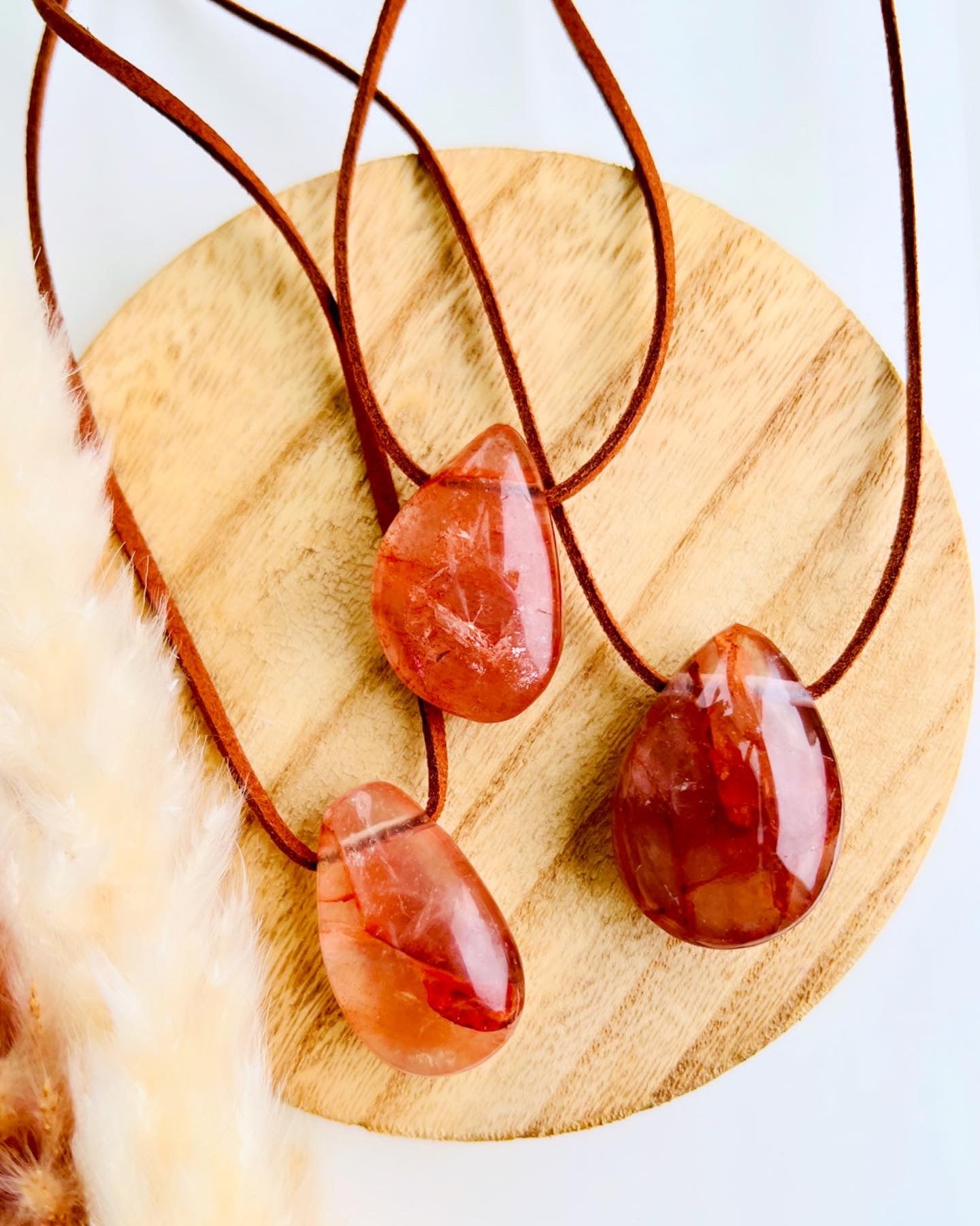 Strawberry Hematoid Quartz Boho pendant on a vegan suede necklace