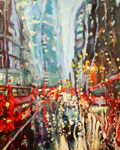 Oil Painting by Artist Harriet Lawless of Rainy London. 4 reasons to buy original paintings instead of art prints.