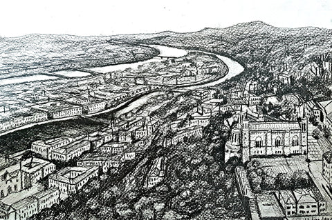 Harriet Lawless artist sketch of aerial view of Lyon, France for custom commissioned oil painting including the river confluence and notre dame in the foreground