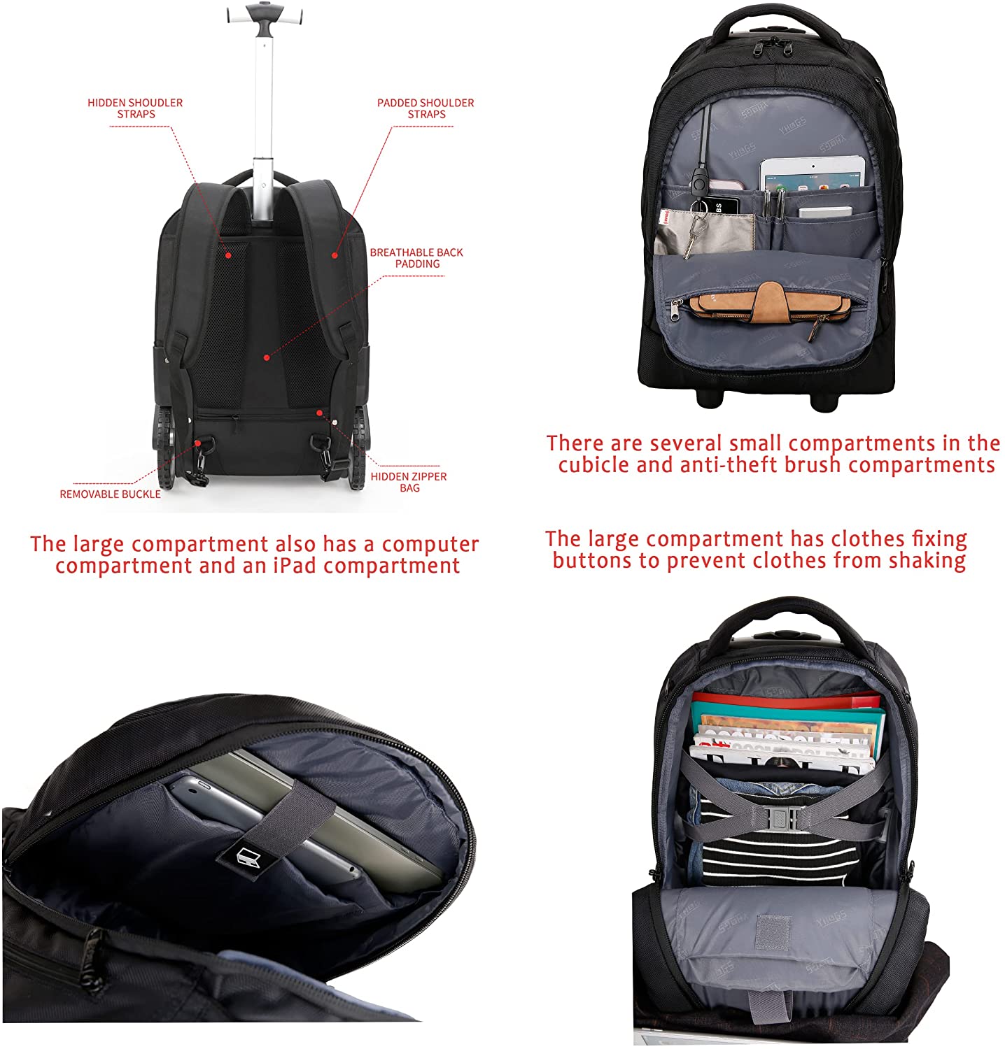 YH&GS Rolling Backpack, Waterproof Backpack with Wheels for Business ...