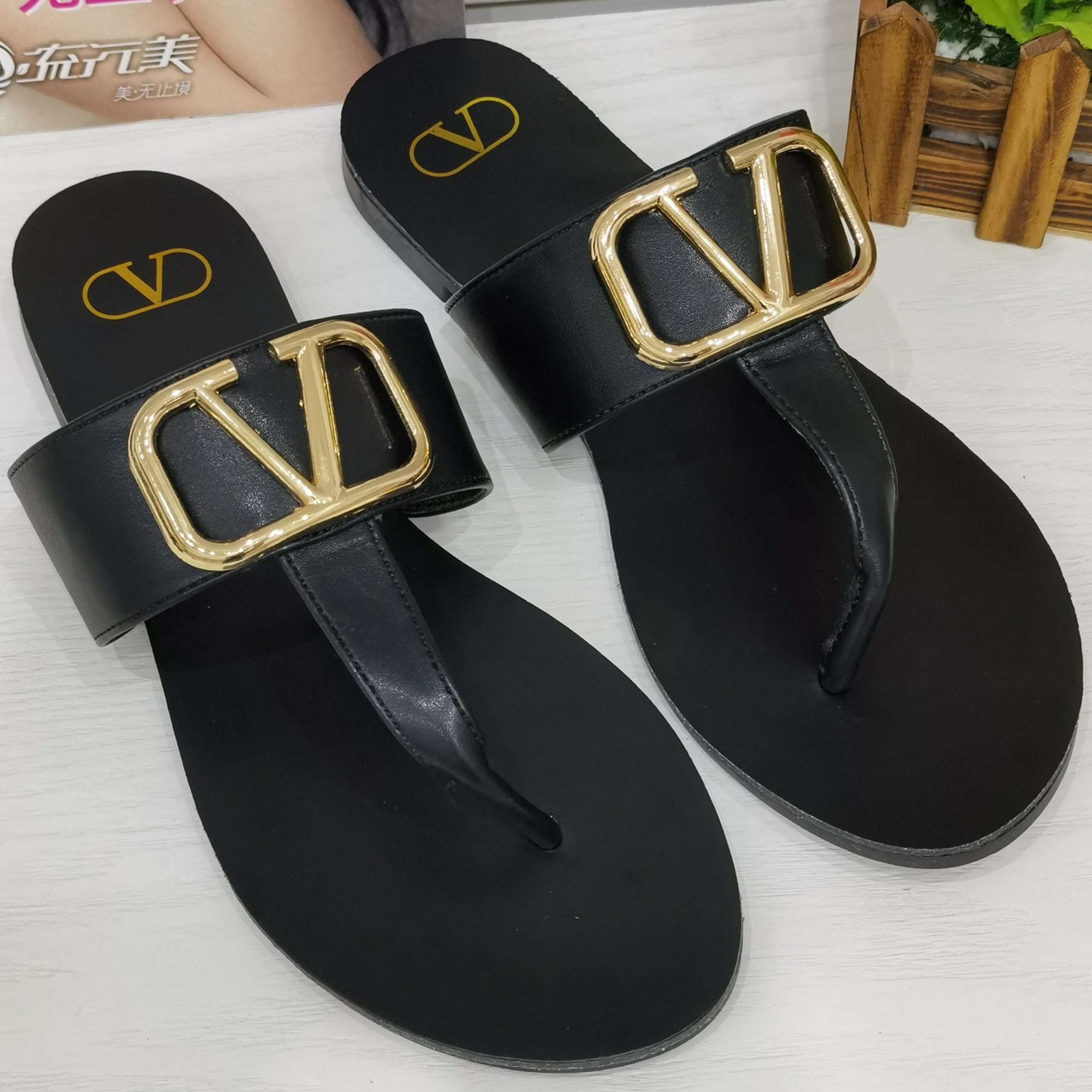 Valentino Gold Letter Logo Women's Sandals Slippers Shoes