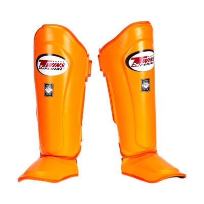 TWINS SPECIAL SGL-10 MUAY THAI BOXING MMA DOUBLE PADDED SHIN GUARD PROTECTOR ADULT & KIDS Leather XS-XL Orange