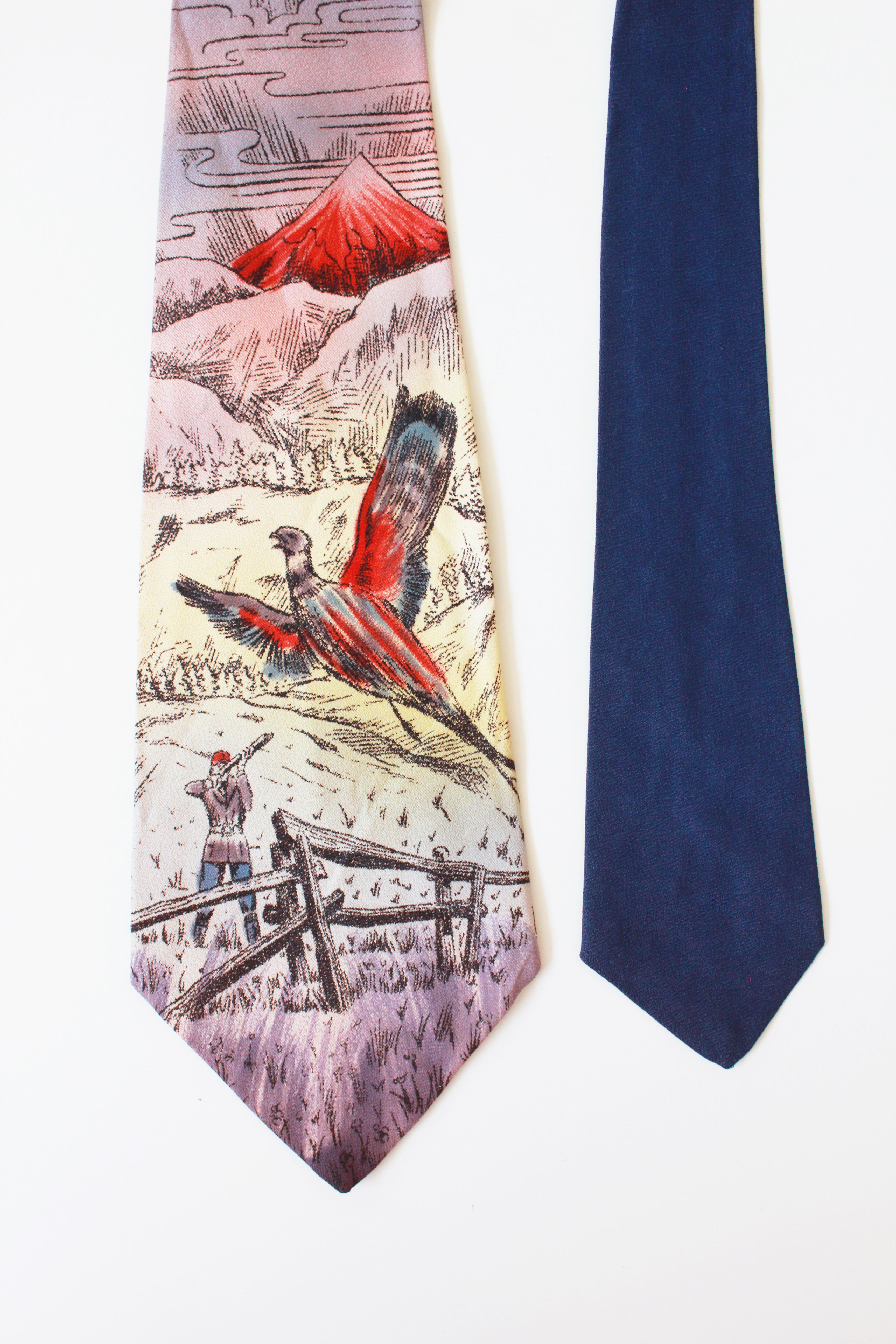 Vintage 1940s Rayon Tie With Pheasants In Pink and Navy, Hand Painted