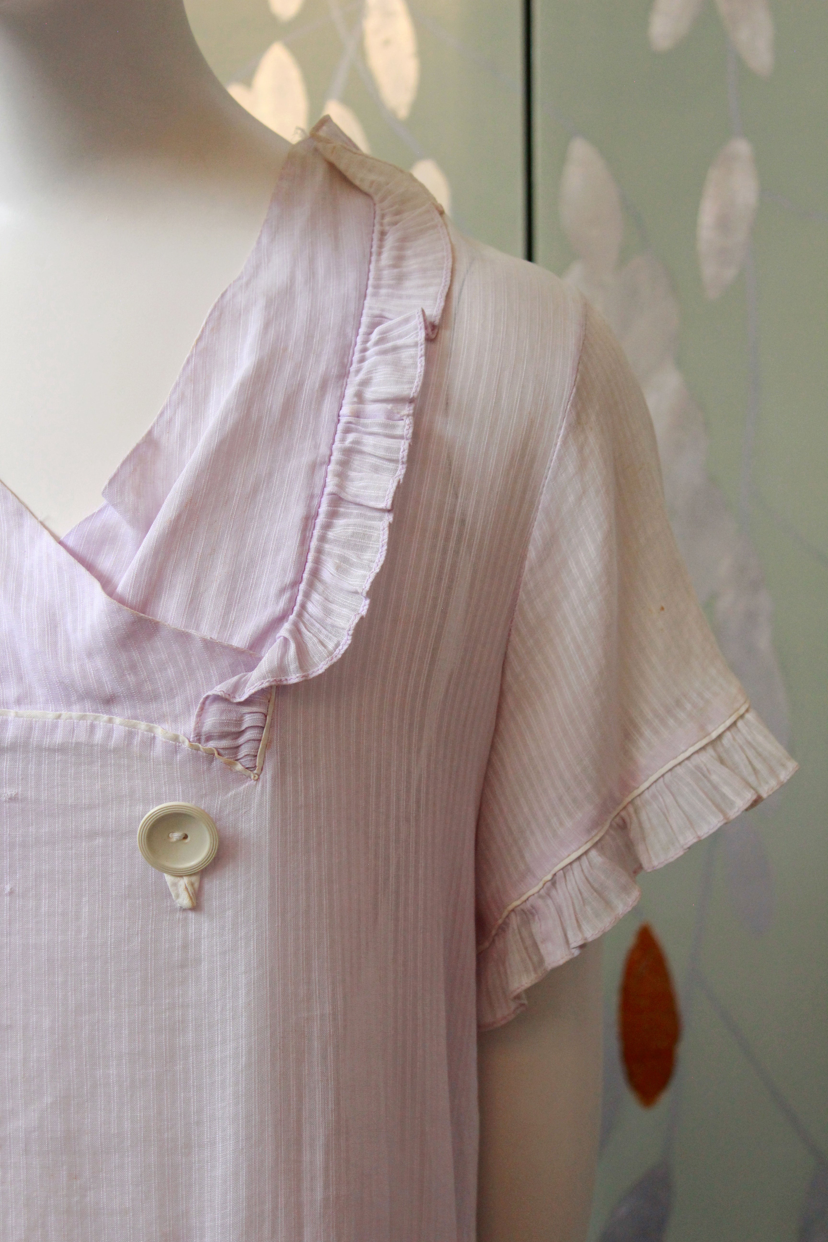 1930s Lavender Pinstripe Day Dress, Collared Summer Ruffle Dress, Bust 40, AS IS