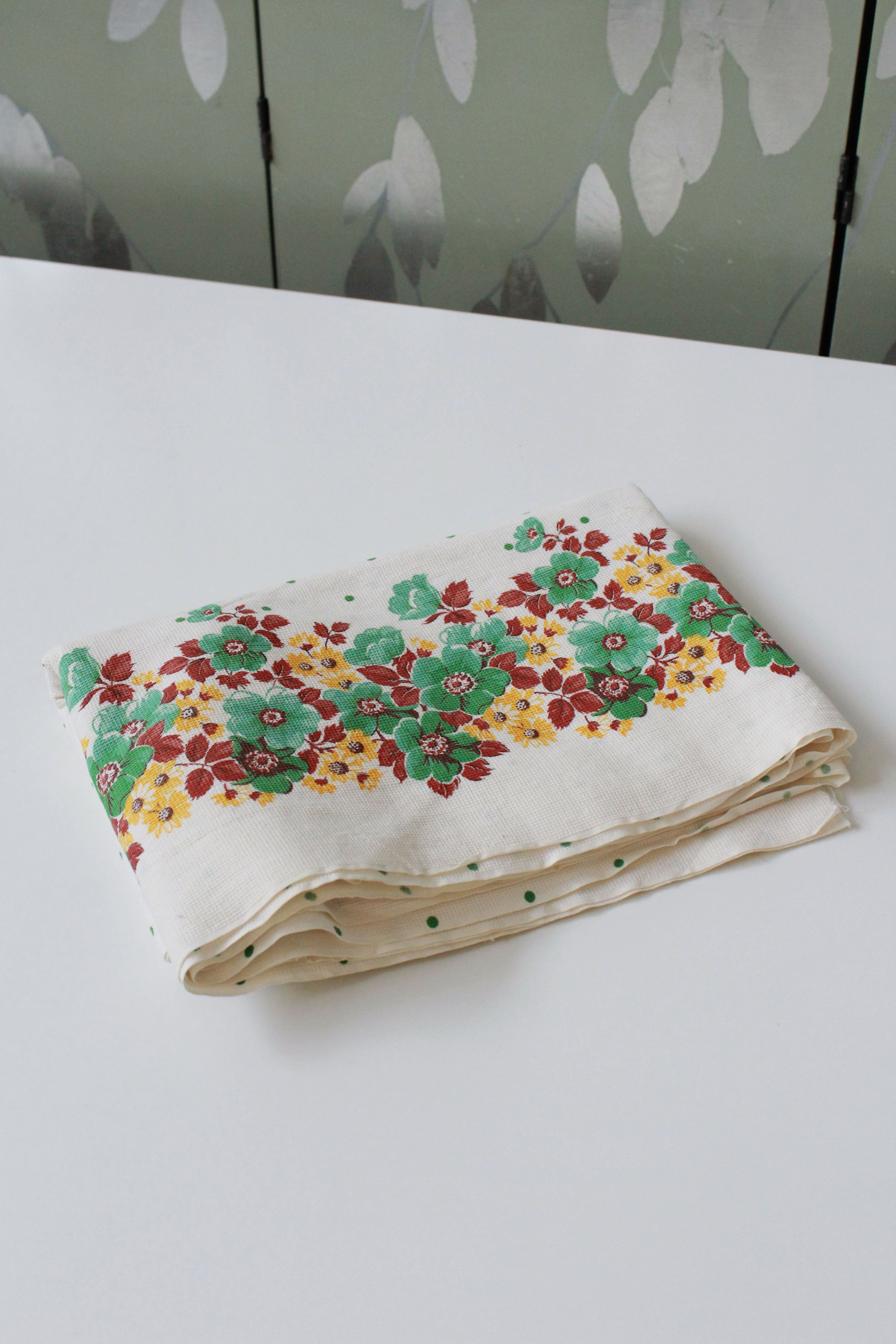 Vintage 1970s Border Print, Green/Yellow/Brown Flowers And Green Polka Dots,  2.9 Yards