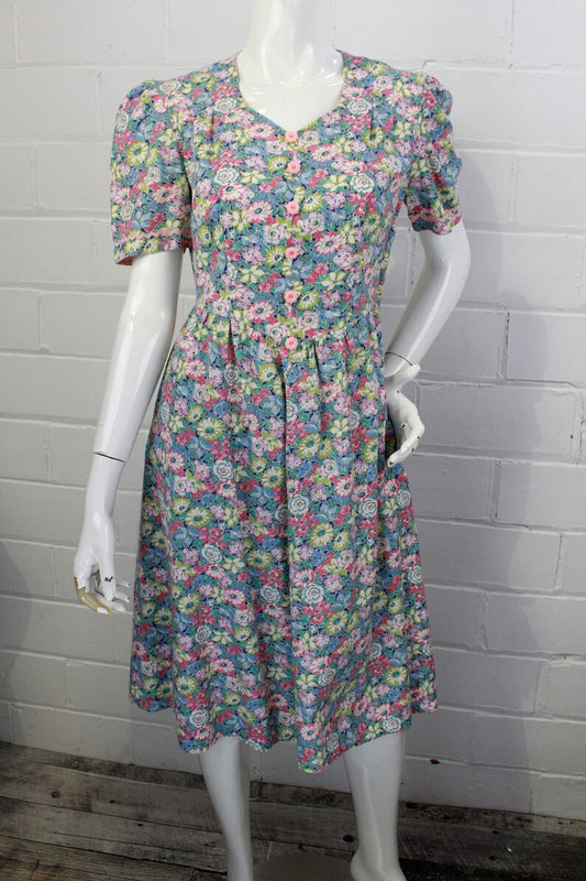 1960s Lynda Lou Pastel Floral Cotton Shirtwaister Dress