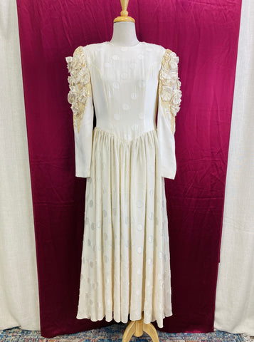 Vintage 1980s Ivory Silk Wedding Dress with Beaded Circles, B37"