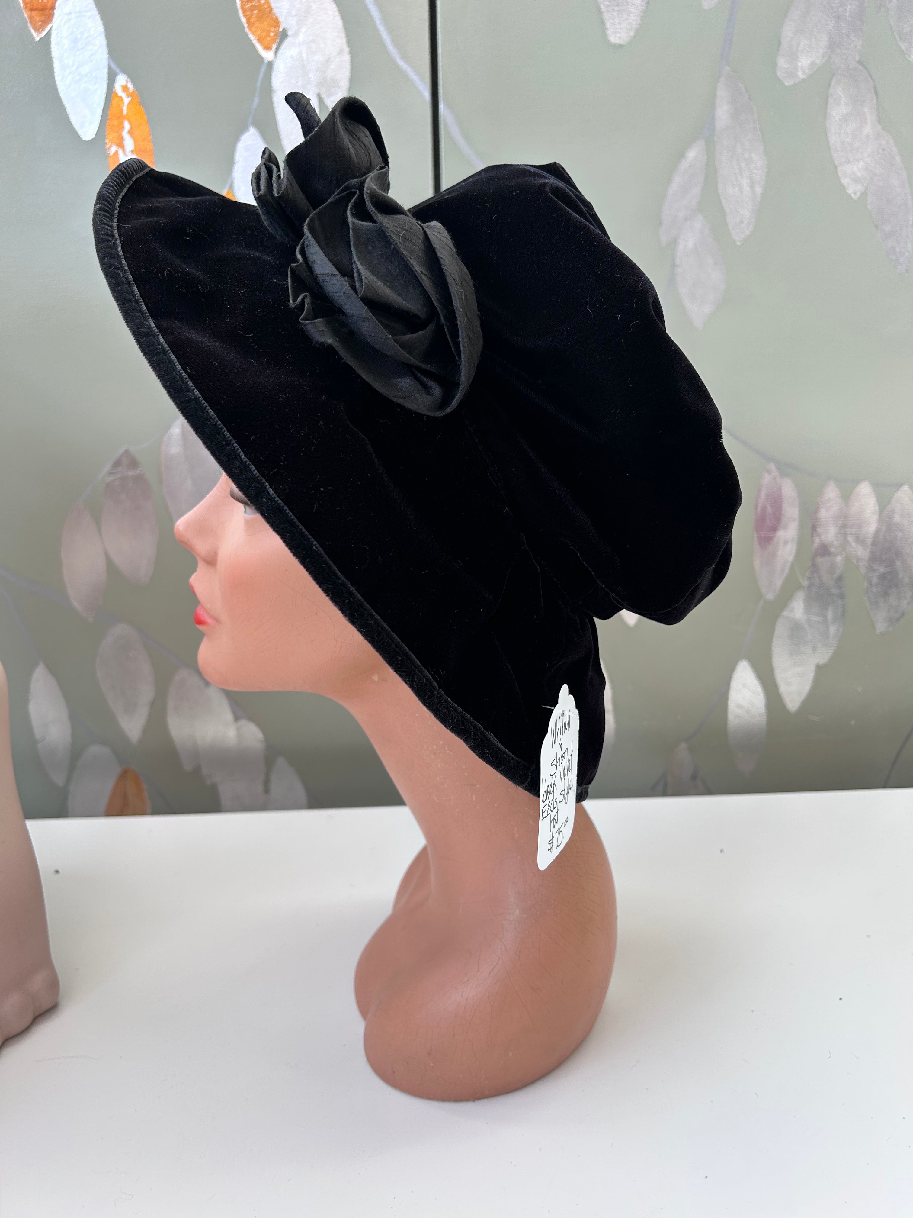 1920s Style Black Velvet Hat with Roses by Whitall & Shon