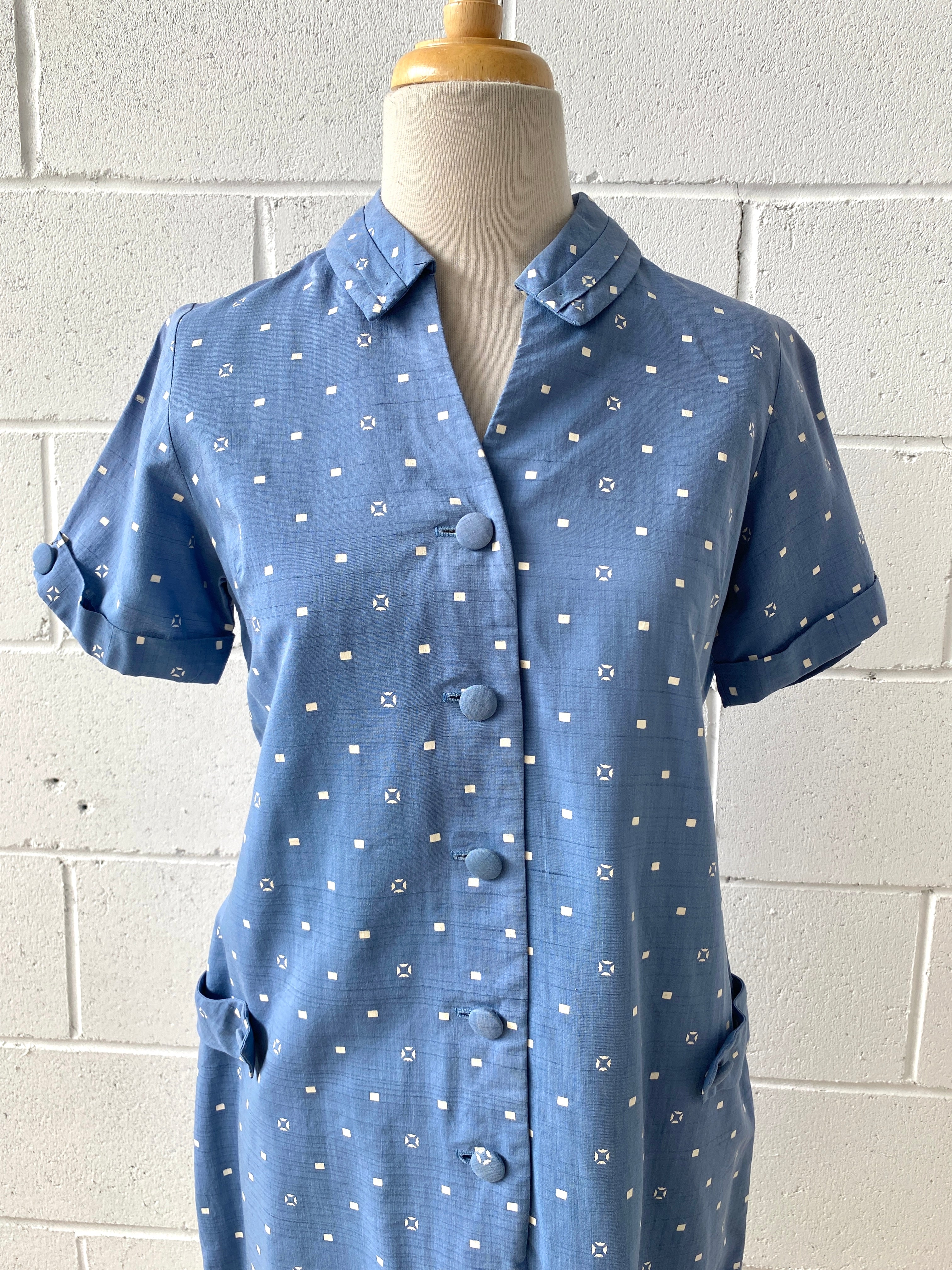 Vintage 1940s/50s Blue Geometric Print House Dress, Medium