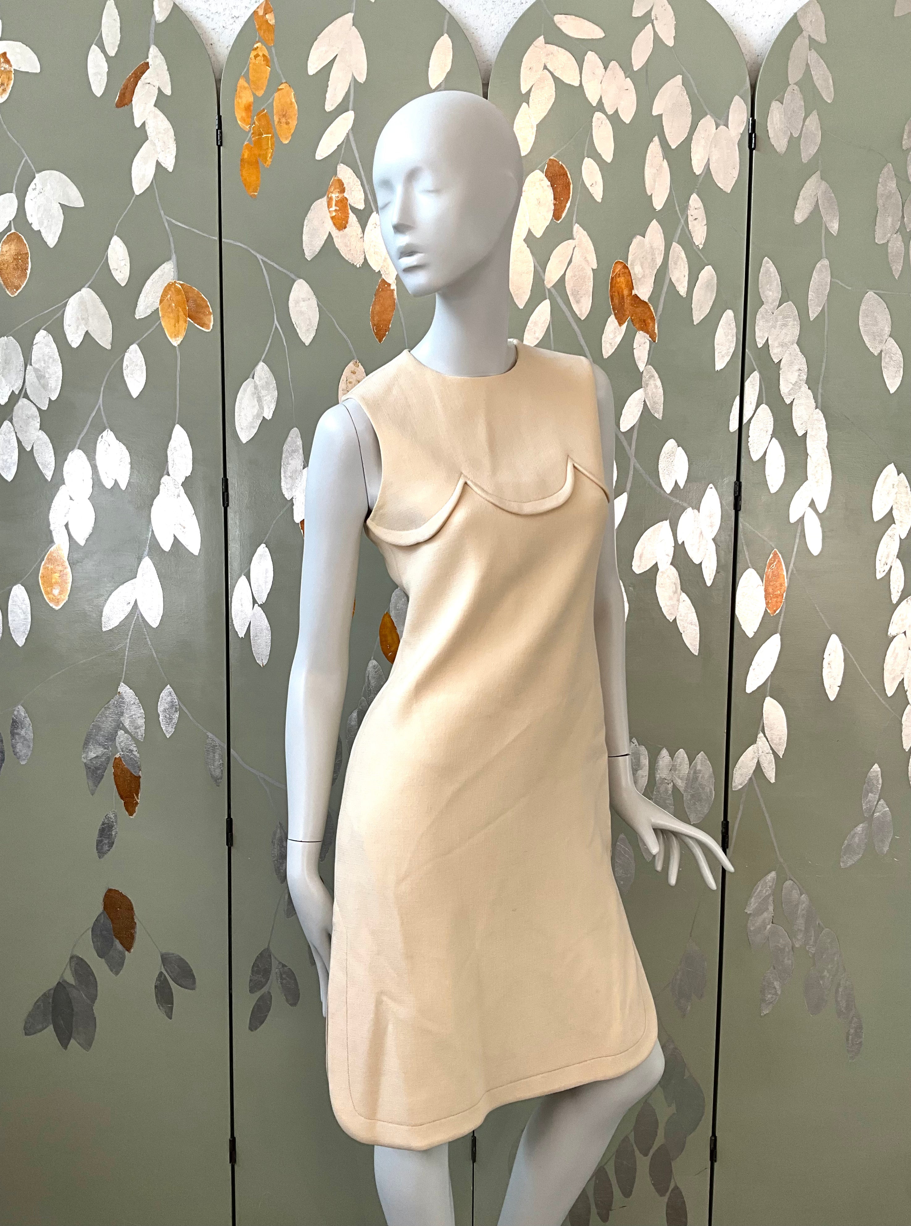 Vintage 1960s Pierre Cardin Cream Wool Shift Dress, Small