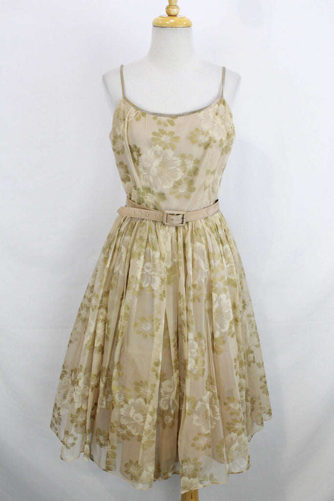 1950s Dress Town Beige Taupe Floral Print Chiffon Party Dress Spaghetti Straps Gathered Full Skirt