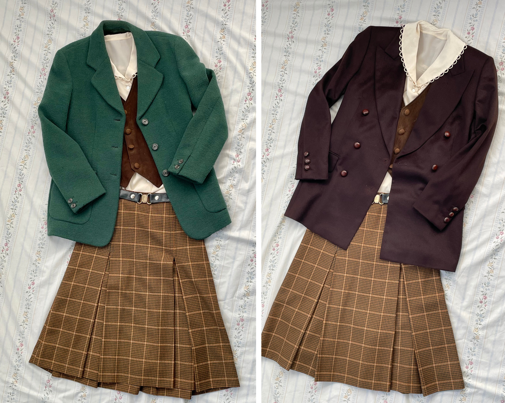 Green blazer with Brown Skirt and Suede Vest, and Brown Blazer with same outfit