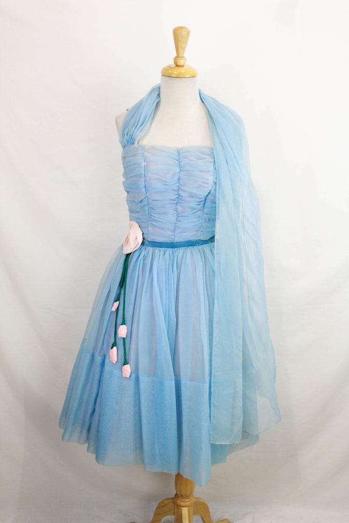 1950s Cinderella Blue Chiffon Party Dress Formal Gown Full Skirt Pleated Bodice Flower Applique