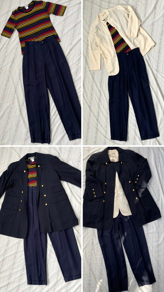 Navy Pants with Striped Shirt, Cream Silk Blouse and Navy Jacket