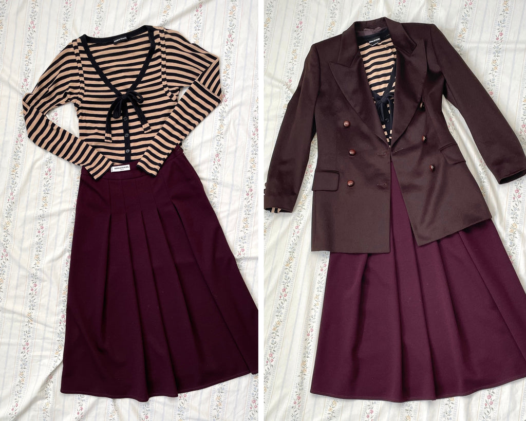 Striped Sonia Rykiel Cardigan and Purple Skirt with Brown Blazer